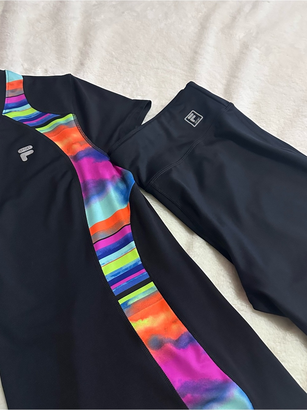 Fila Women’s Black Athletic Tee with Neon Multicolor Stripe Panels - Picture 5 of 5